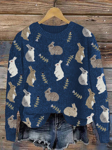 Cute Bunny Embroidery Art Cozy Knit Sweater