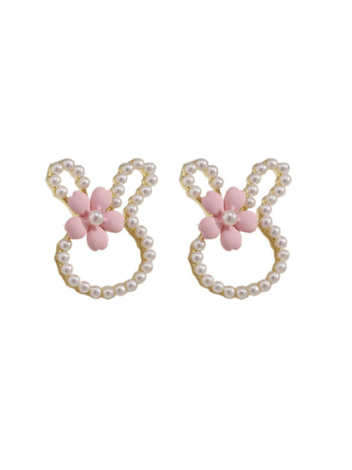 Bunny with Flower Pearls Studded Earrings