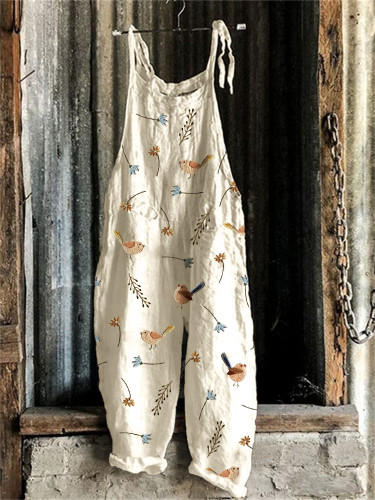 Birds Floral Embroidery Pattern Loose Fit Jumpsuit