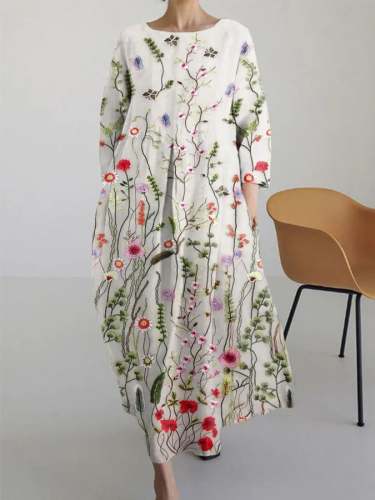 Women's Floral Print Round Neck Casual Long Dress