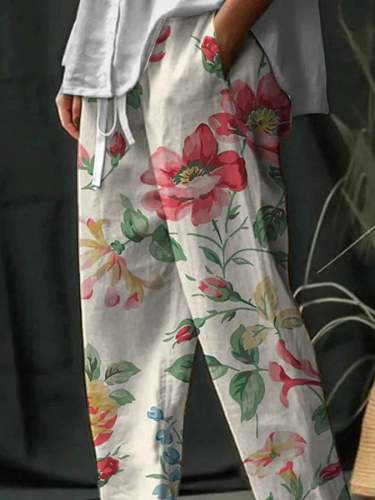 Women's Botanical Floral Design Print Lace-Up With Elastic Waist Loose Casual Pants