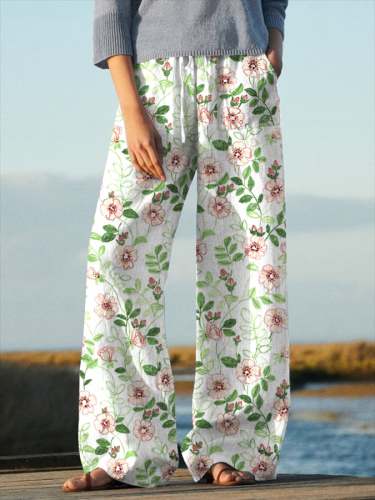 Women's Floral Design Lace-Up Elastic Waist Loose Casual Pants