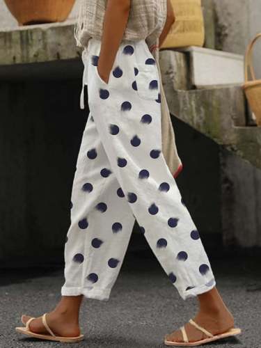Women's Geometric Polka Dot Design Printed Lace-Up Elastic Waist Loose Casual Pants
