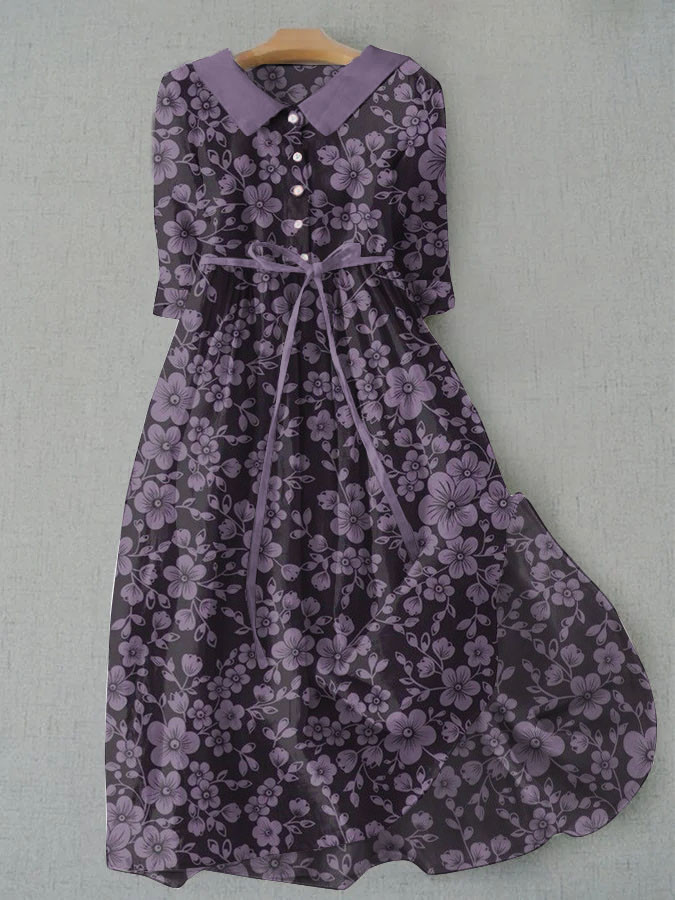 Casual Floral Lapel Waist Tie Dress