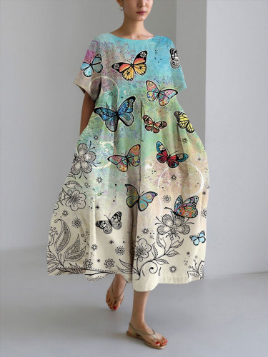 Women's Casual Flower Butterfly Print Loose Round Neck Medium Length Skirt Dress