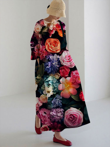Women's Casual Black Vintage Flowers Print Dress