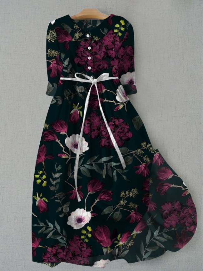 Women's Vintage Botanical Floral Design Print Lace-Up Dress