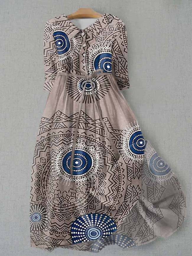 Women's Vintage Print Lapel Waist Tie-Up Dress
