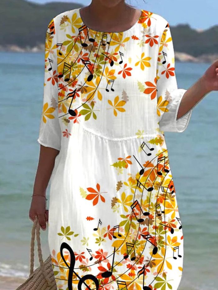 Women's Note Maple Leaf Pattern Art Resort Style Dress