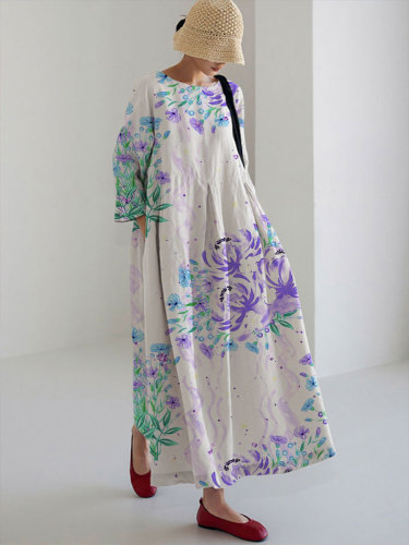 Women's Casual Purple Flower Print Dress