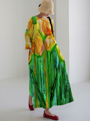 Women's Casual Fashionable Yellow & Green Art Print Dress