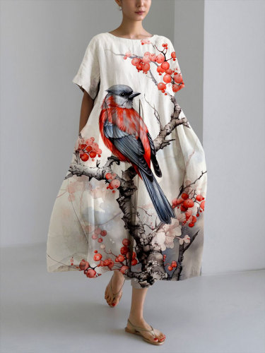 Women's Casual Bird & Plum Tree Print Loose Round Neck Medium Length Skirt Dress