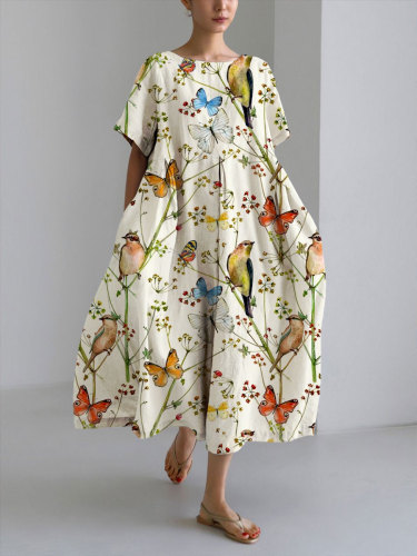 Women's Casual Butterflies & Birds Print Loose Round Neck Medium Length Skirt Dress