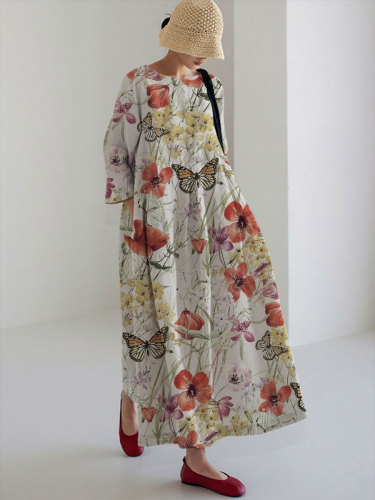 Women's Casual Butterflies & Flowers Print Dress