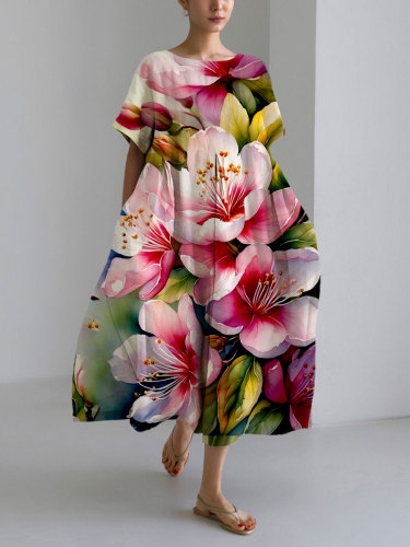 Women's Casual Floral Print Loose Round Neck Medium Length Skirt Dress