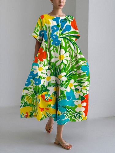 Women's Casual Green Graffiti Art Flowers Print Loose Round Neck Medium Length Skirt Dress