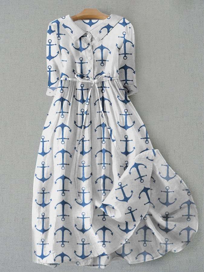 Women's Navy Printed Square Neck Lace-Up Dress