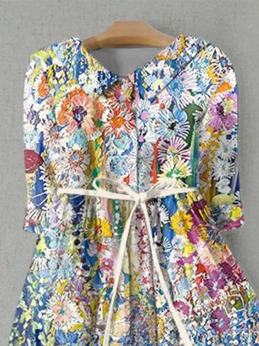 Women's Vintage Floral Print Lapel Waist Tie-Up Dress