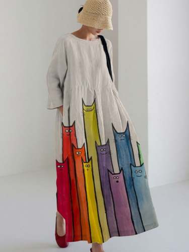 Ladies Art Stripe Cat Design Casual Loose Dress
