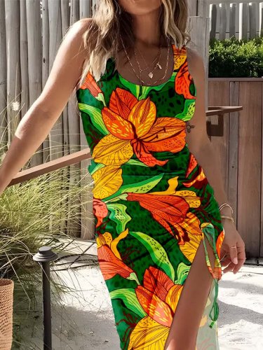 Women's Tropical Rainforest Flower Print Pattern Strappy Dress