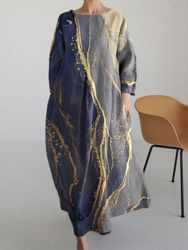 Casual Abstract Art Marble Print Loose Long Sleeve Dress