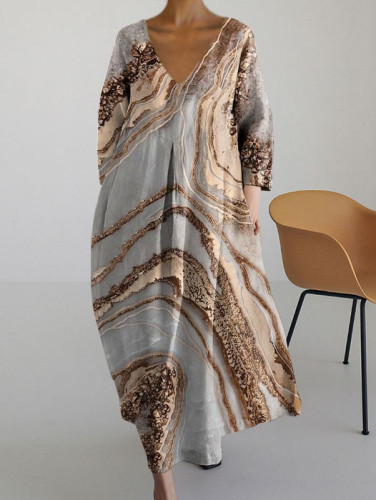 Casual Abstract Art Marble Print Loose V-neck Long-sleeved Dress