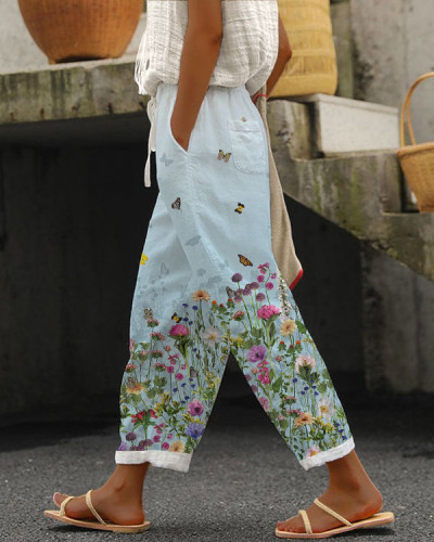Women's Butterfly Floral Art Loose Casual Pants
