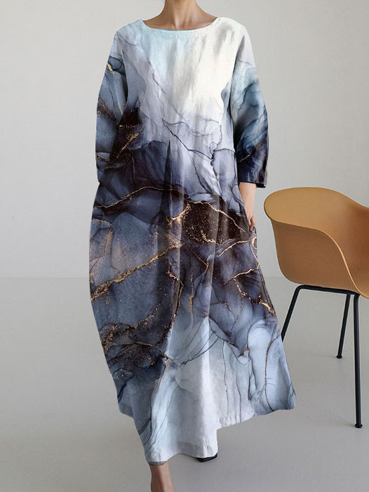 Casual Abstract Art Marble Print Loose Long Sleeve Dress