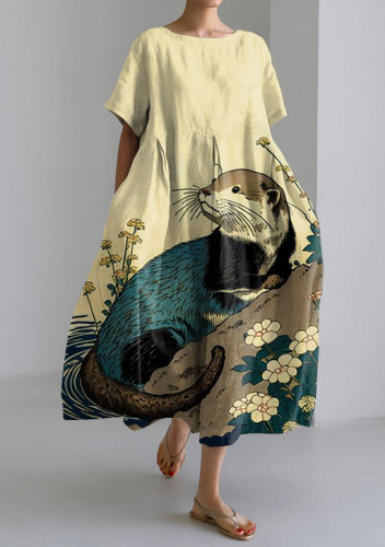Casual Wave Floral Japanese Art Loose Short-sleeved Dress