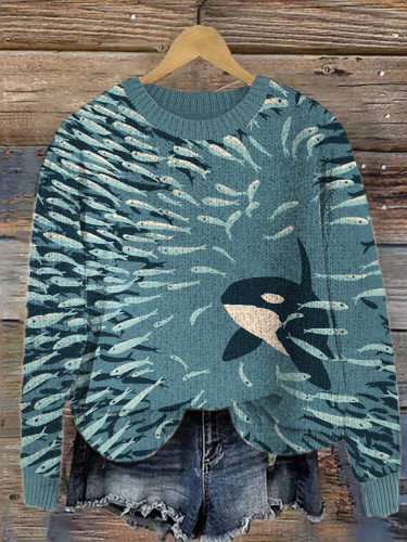 Orca And Herring Ball Art Print Cozy Knitted Sweater