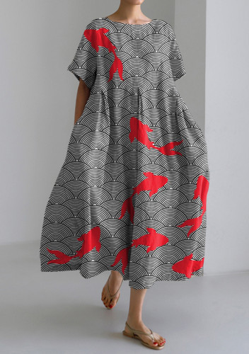 Japanese Goldfish Art Print Loose Short Sleeve Dress