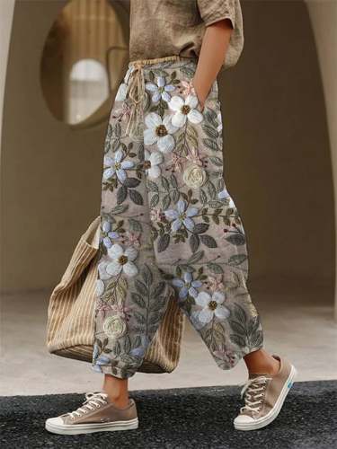 Women's Retro Floral Lace-Up Elastic Waist Loose Casual Pants