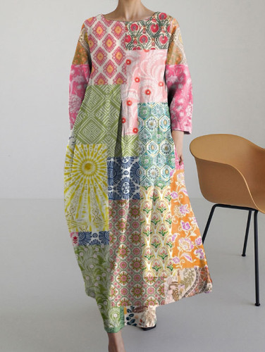 Bohemian Resort Floral Pastoral Print Long-sleeved Loose Dress