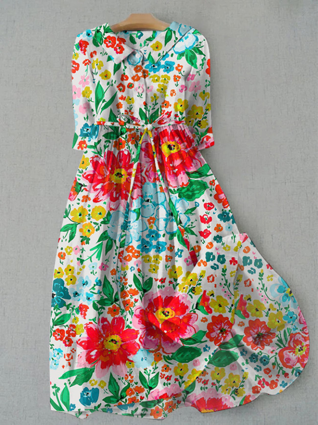 Retro Pastoral Floral Art Print Tie Loose Dress