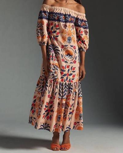 Island Lover Printed Off The Shoulder Pocketed Flowy Midi Dress