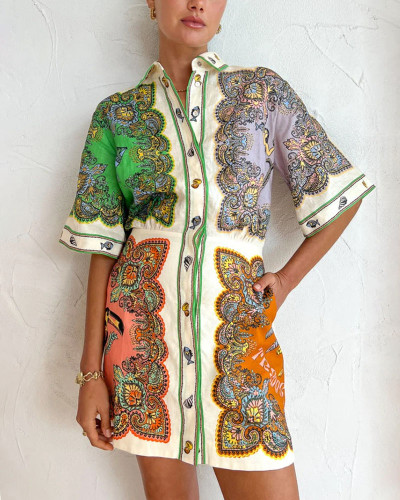 Trendy paneled printed mini shirt dress