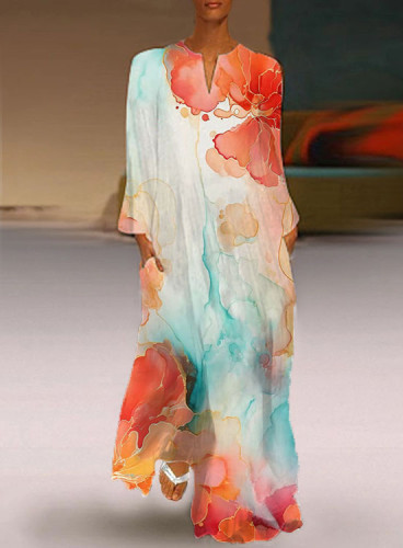 Women's Floral Art Print Long Sleeve Dress