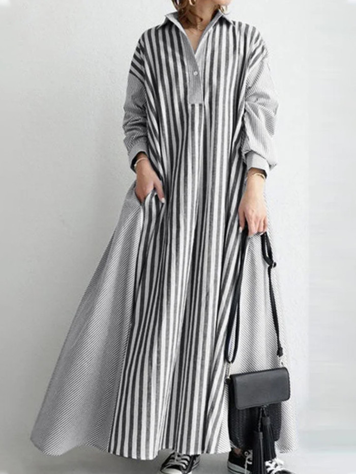 Casual Striped Patchwork Slant Pocket Turndown Collar Shirt Maxi Dress
