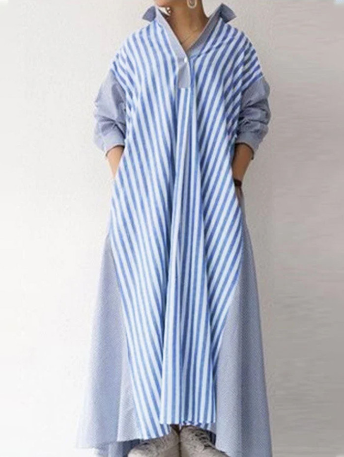 Casual Striped Patchwork Slant Pocket Turndown Collar Shirt Maxi Dress