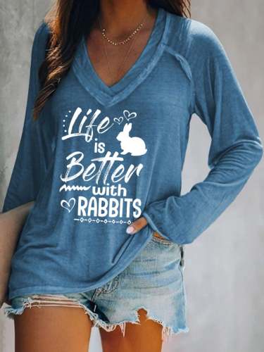 V-neck Easter Life Is Better With Rabbits Print T-Shirt