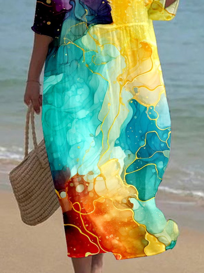 Women's Watercolor Splash Fluid Art Print Flowy Dress