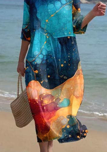 Women's Watercolor Splash Ink Fluid Art Print Resort Style Dress