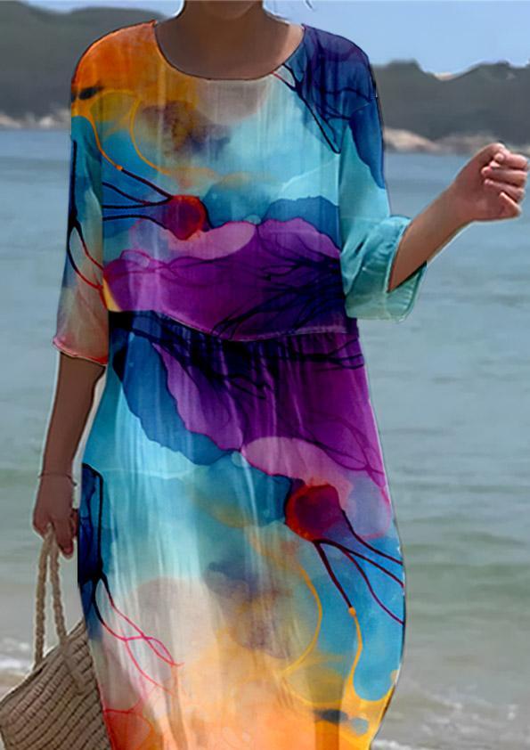 Women's Watercolor Splash Ink Fluid Art Print Resort Style Dress