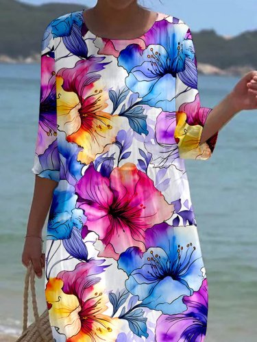 Women's Floral Alcohol Ink Art Printed Casual Holiday Dress