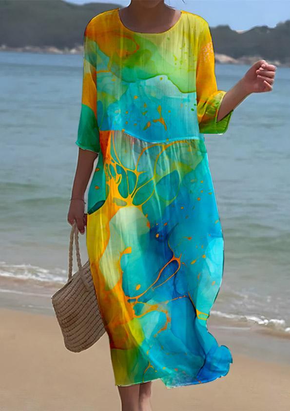 Women's Watercolor Splash Ink Fluid Art Print Resort Style Dress