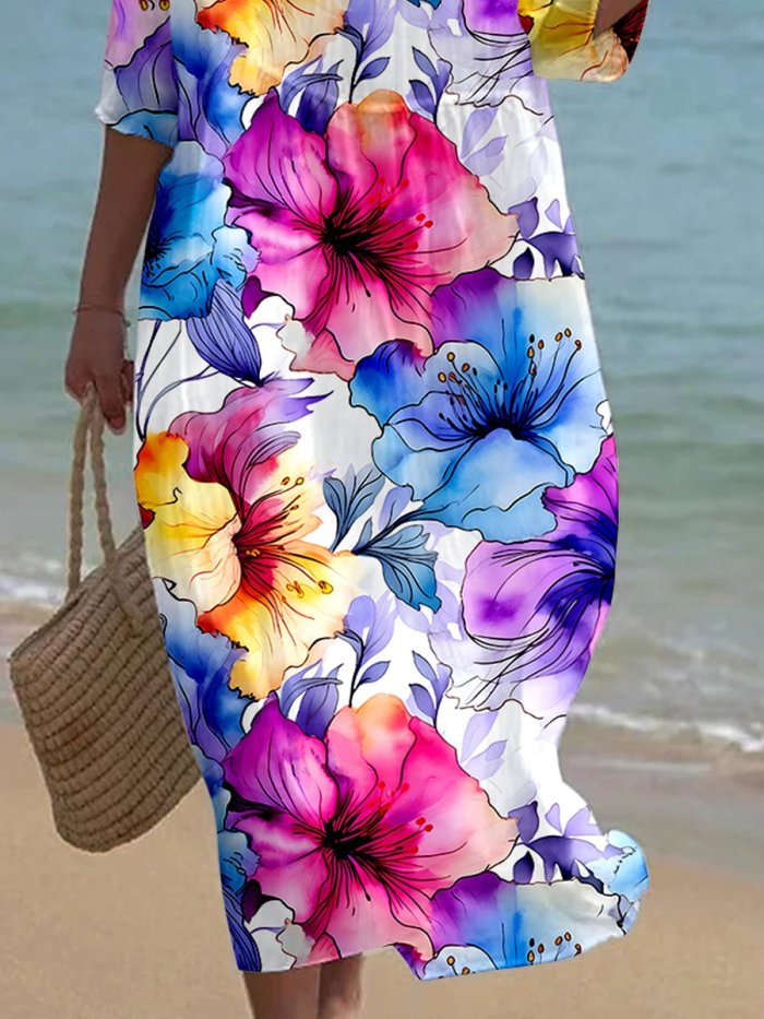 Women's Floral Alcohol Ink Art Printed Casual Holiday Dress