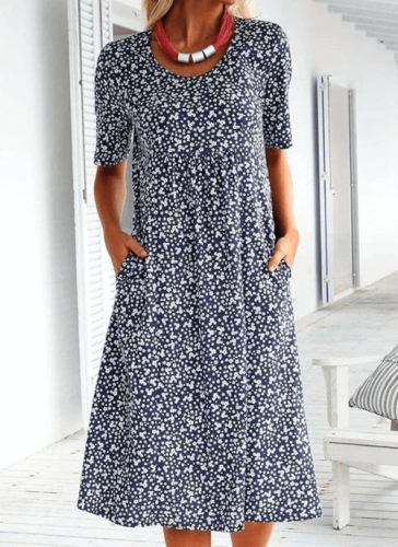 Plus Size Casual Women Cotton Scoop Neck Floral Dress (8 Colors with Pockets)