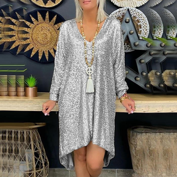 Plus Size Sequins Loose-Fitting plus Size Long Sleeve Dress