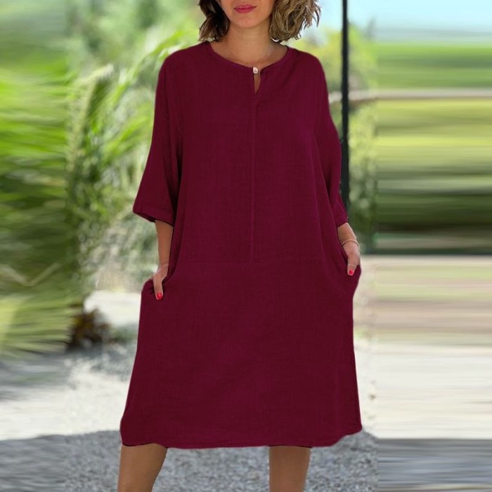 Plus Size Autumn Linen V-neck 3/4 Sleeves Dress