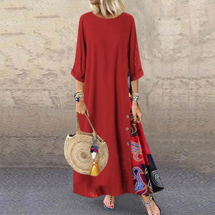 Floral round Neck Contrast Color Button Stitching 3/4 Sleeve Dress